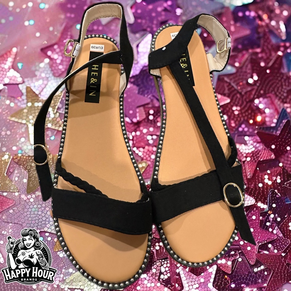 She&In Black Velvet Ankle Strap Sandals, Size 8 1/2